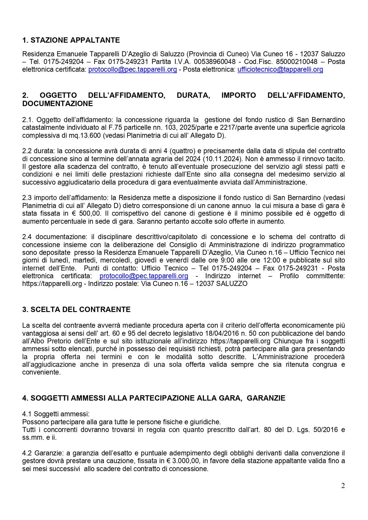 BANDO DI GARA PER LA GESTIONE DEL FONDO RUSTICO DI SAN BERNARDINO ...